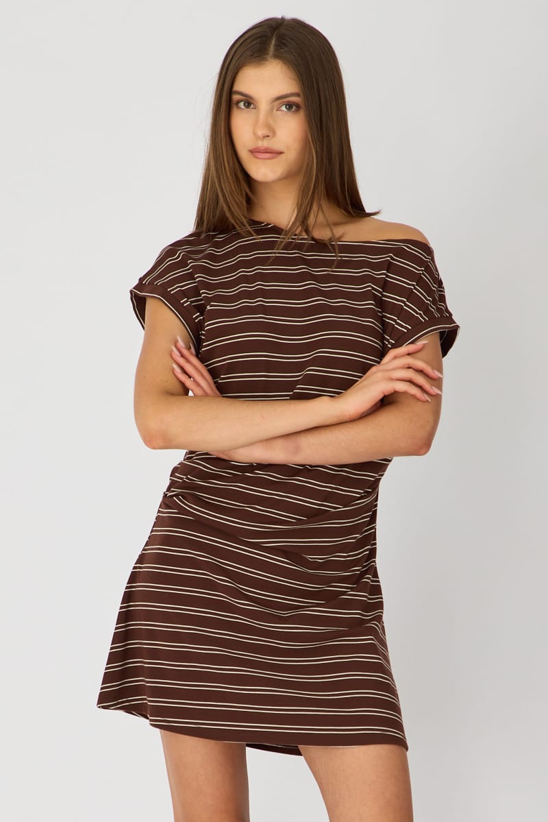 Brown Stripe Asymmetrical Neckline Mini Dress for Ally Fashion