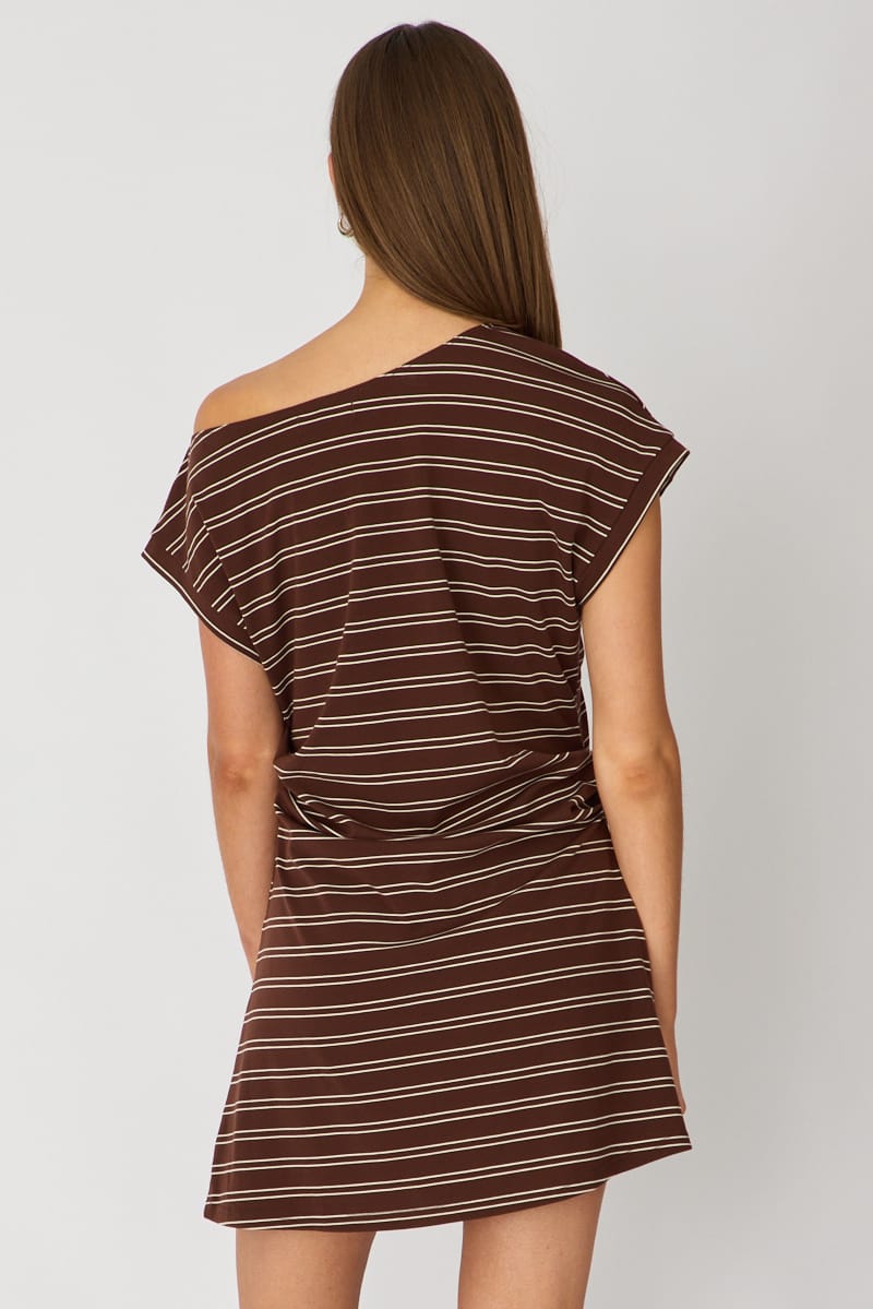 Brown Stripe Asymmetrical Neckline Mini Dress for Ally Fashion