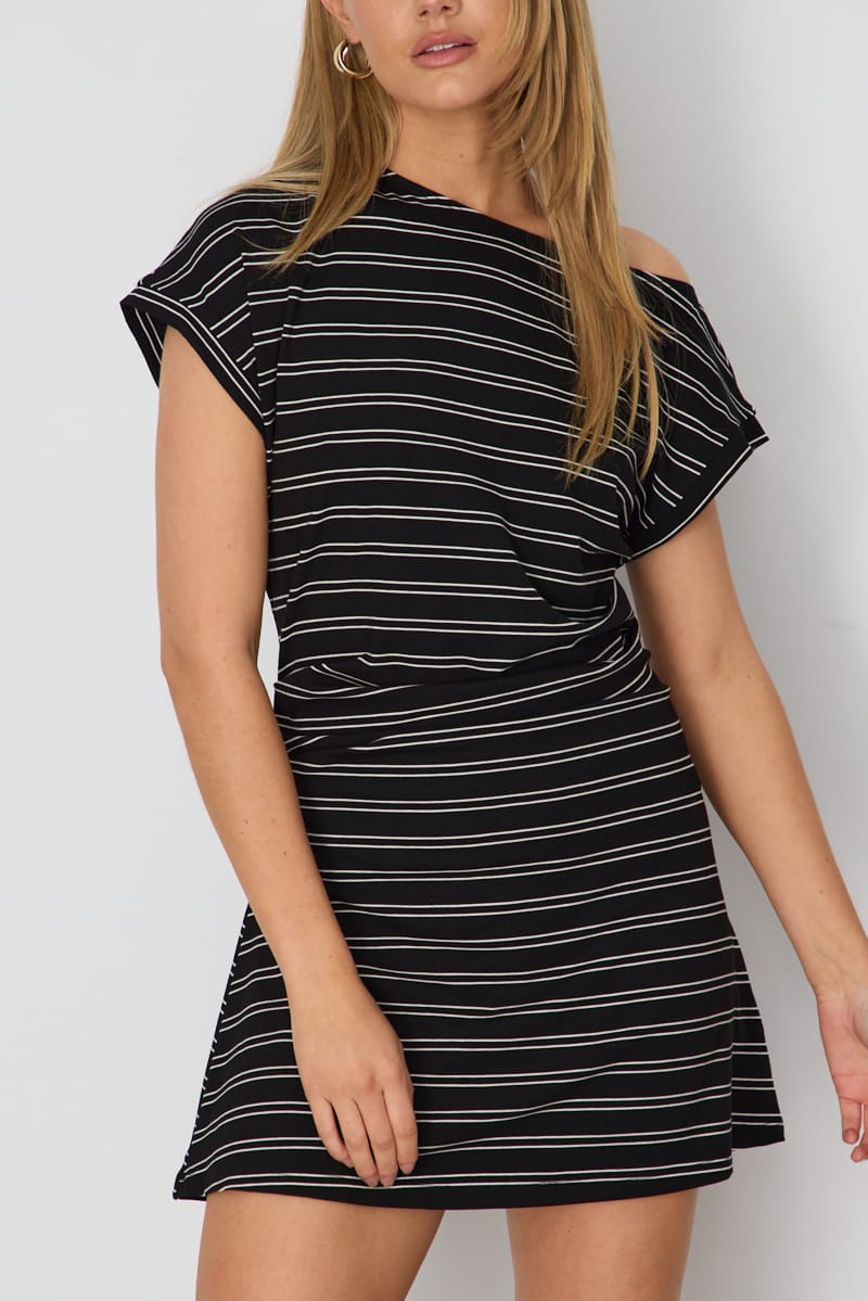 Black Stripe Asymmetrical Neckline Mini Dress for Ally Fashion