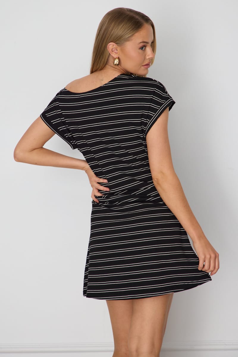 Black Stripe Asymmetrical Neckline Mini Dress for Ally Fashion