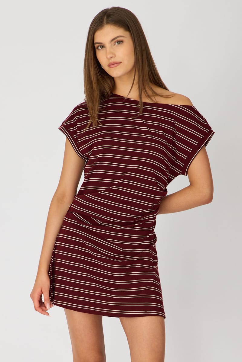 Red Stripe Asymmetrical Neckline Mini Dress for Ally Fashion