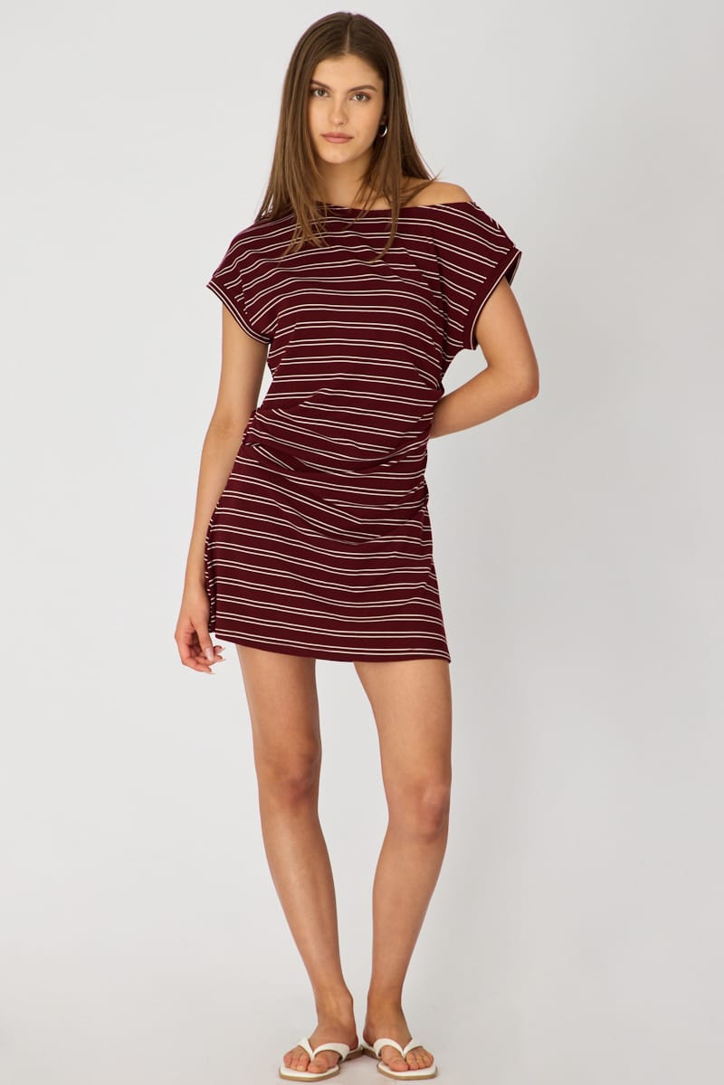 Red Stripe Asymmetrical Neckline Mini Dress for Ally Fashion