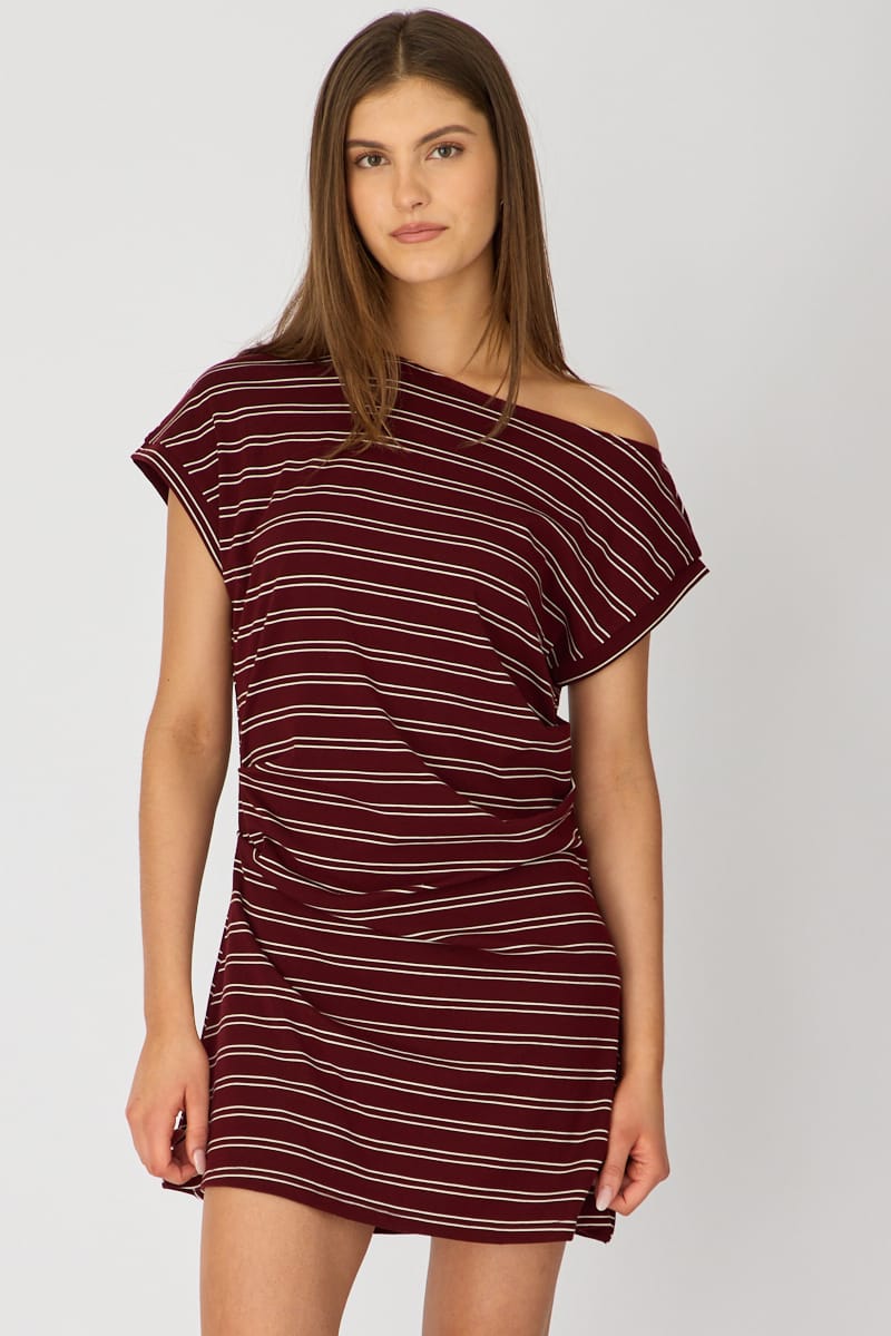 Red Stripe Asymmetrical Neckline Mini Dress for Ally Fashion