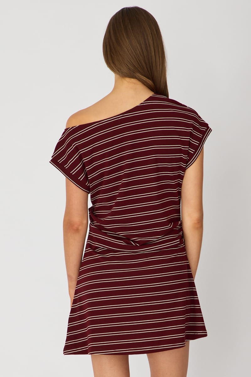 Red Stripe Asymmetrical Neckline Mini Dress for Ally Fashion