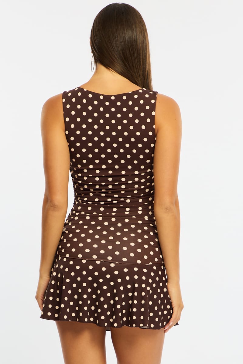 Brown Polka Dot Mini Dress Boat Neck
