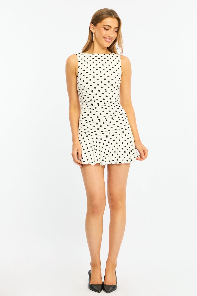 White Polka Dot Mini Dress Boat Neck for Ally Fashion