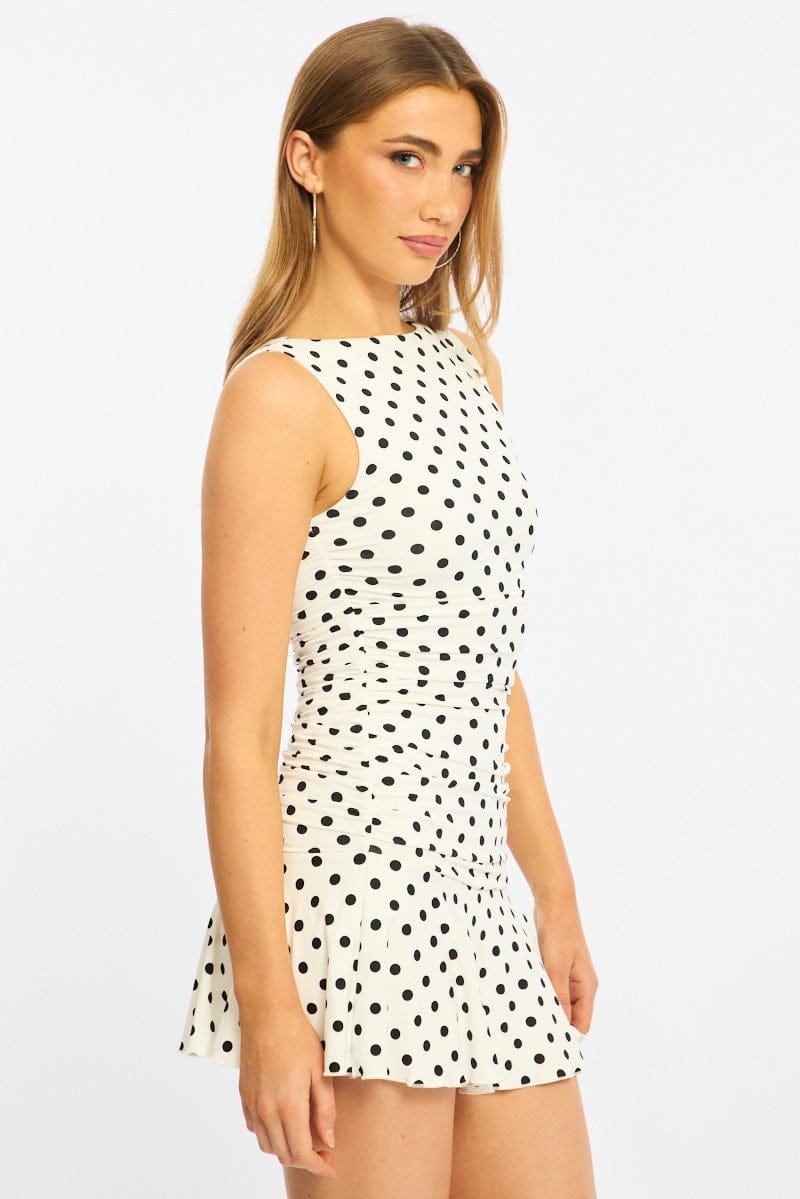 White Polka Dot Mini Dress Boat Neck for Ally Fashion