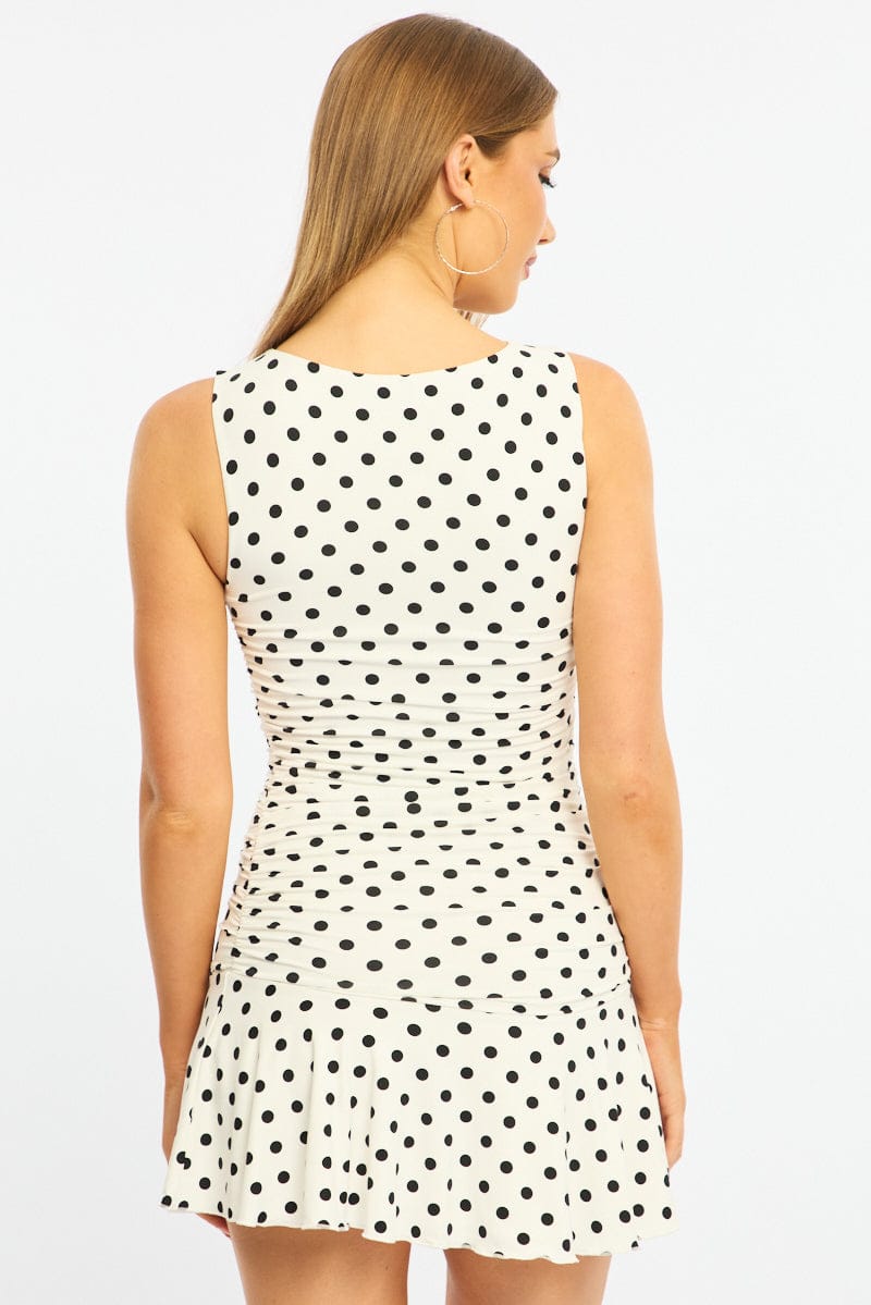 White Polka Dot Mini Dress Boat Neck for Ally Fashion