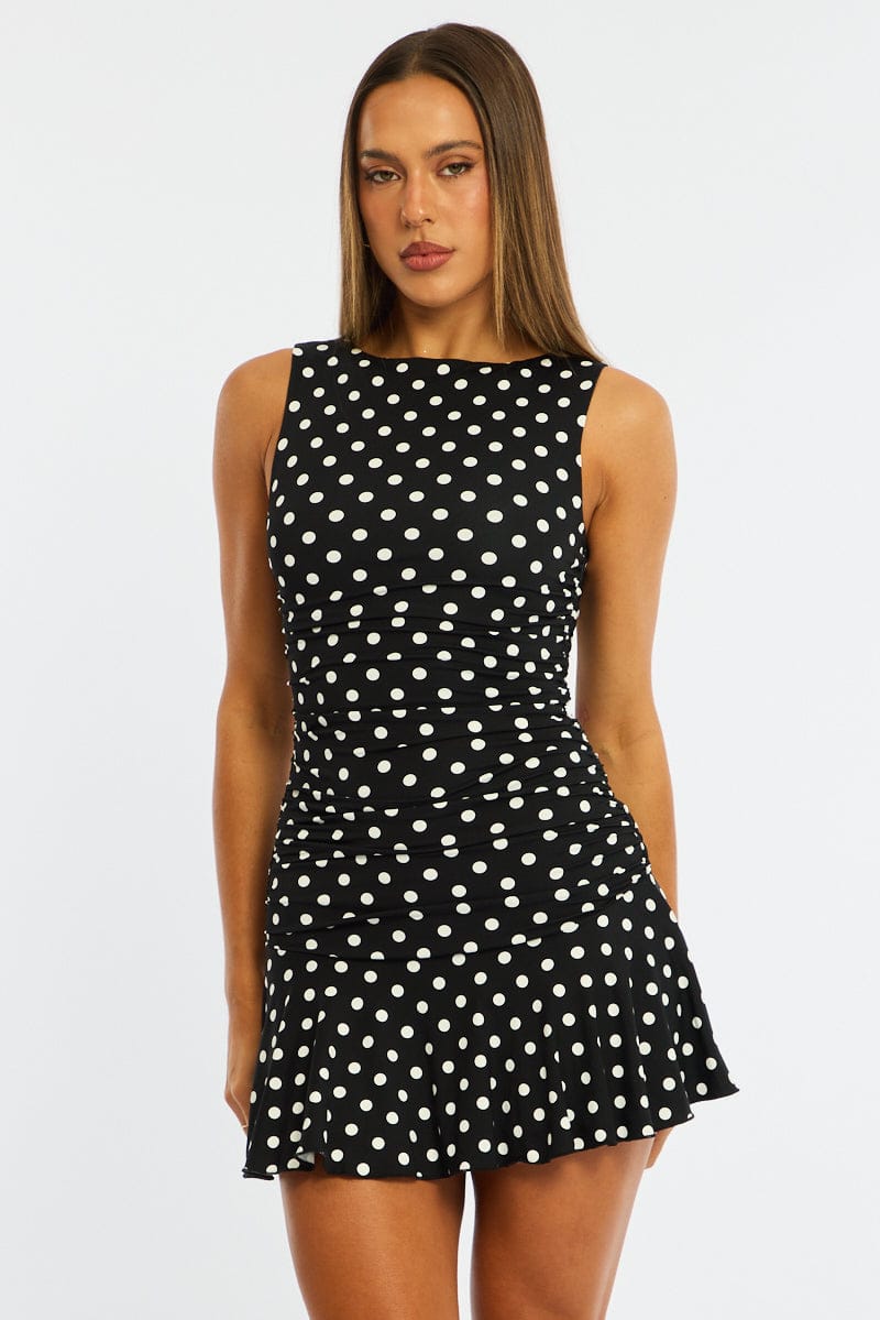 Black Polka Dot Mini Dress Boat Neck for Ally Fashion