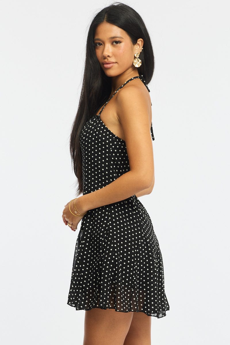 Black Polka Dot Fit And Flare Dress Mini for Ally Fashion