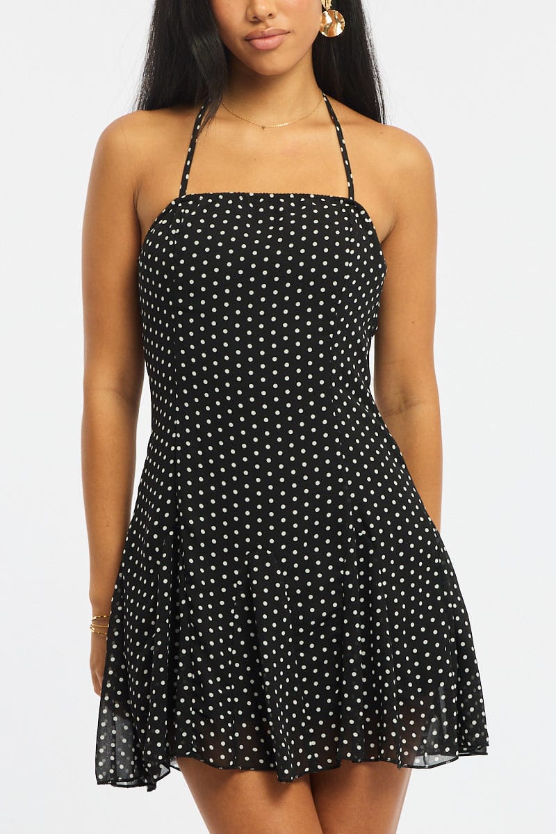Black Polka Dot Fit And Flare Dress Mini for Ally Fashion