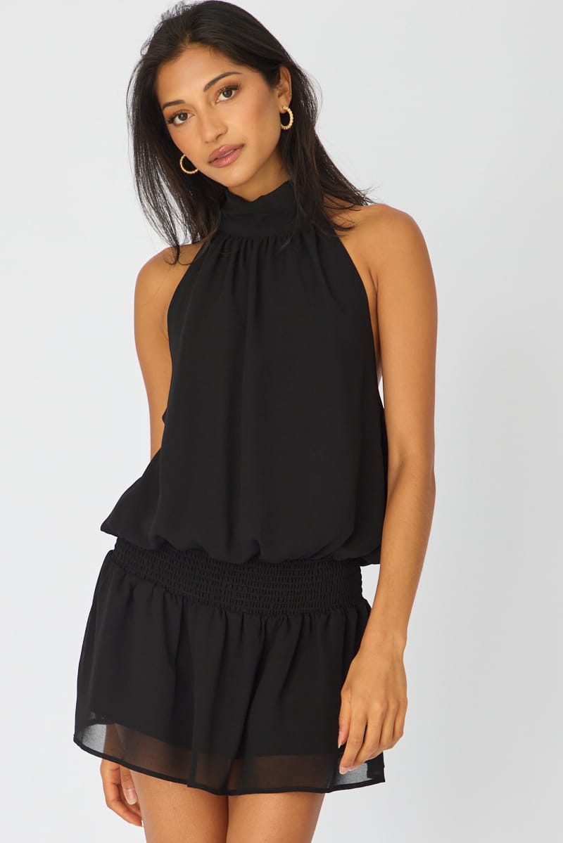 Black High Neck Dress Mini Chiffon for Ally Fashion