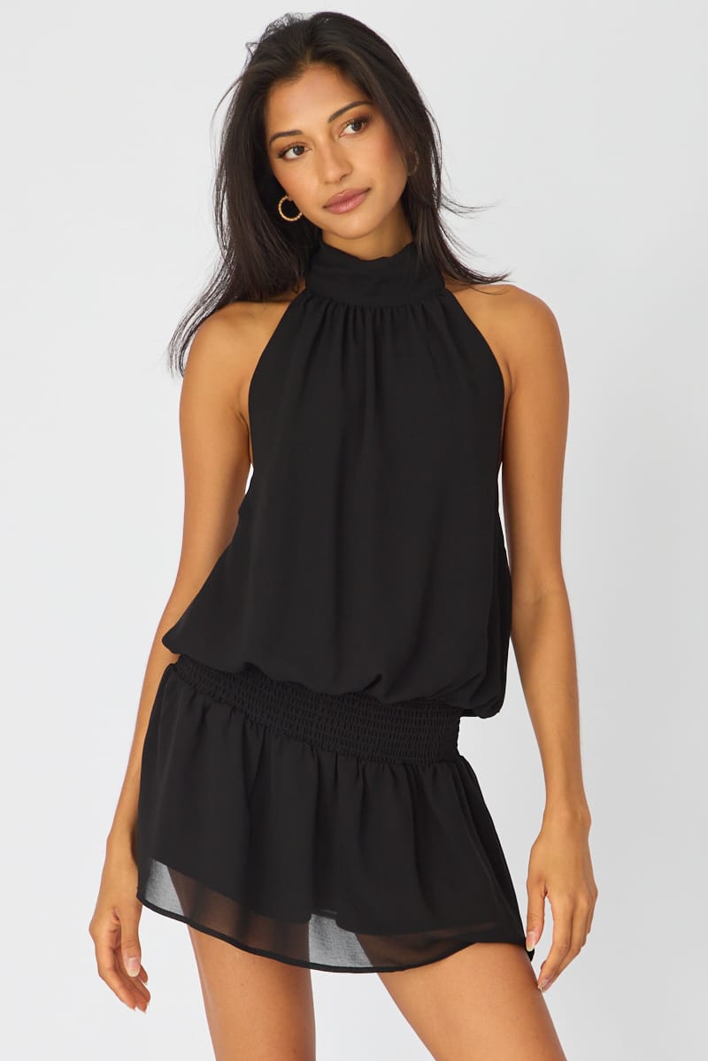 Black High Neck Dress Mini Chiffon for Ally Fashion