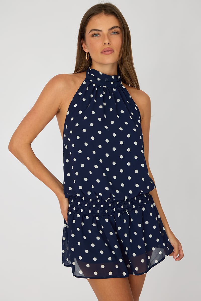 Blue Polka Dot High Neck Dress Mini Chiffon for Ally Fashion