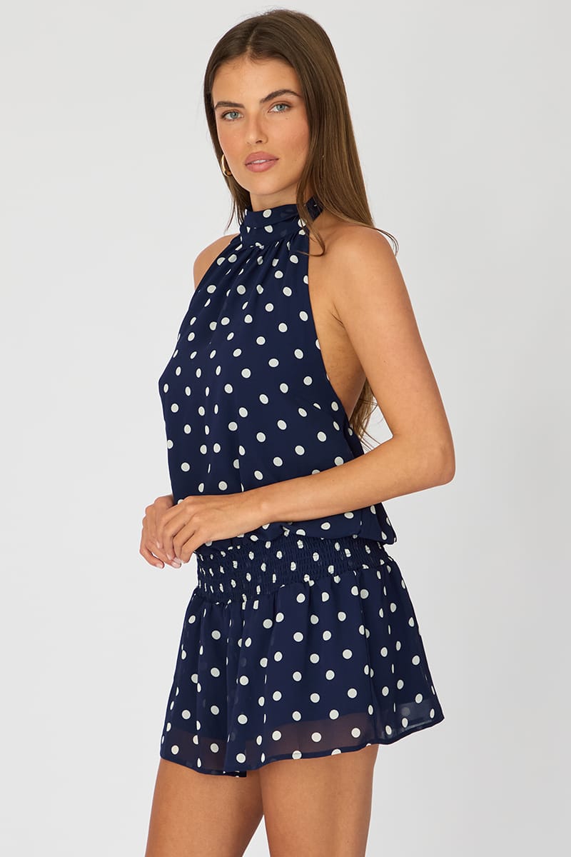 Blue Polka Dot High Neck Dress Mini Chiffon for Ally Fashion