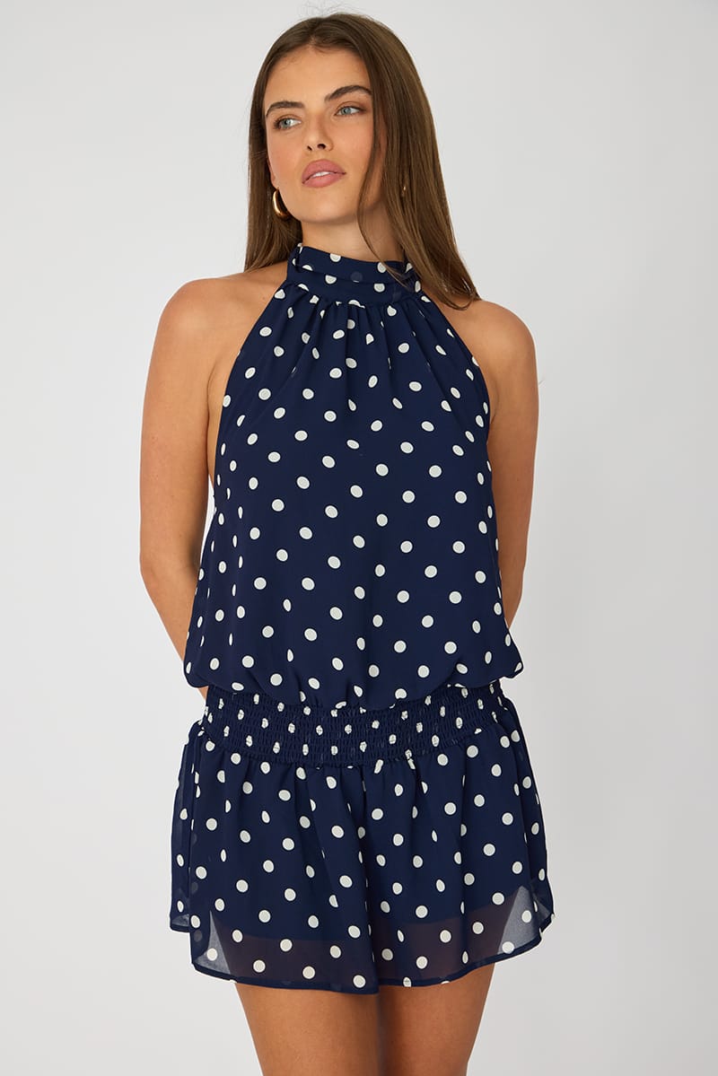 Blue Polka Dot High Neck Dress Mini Chiffon for Ally Fashion