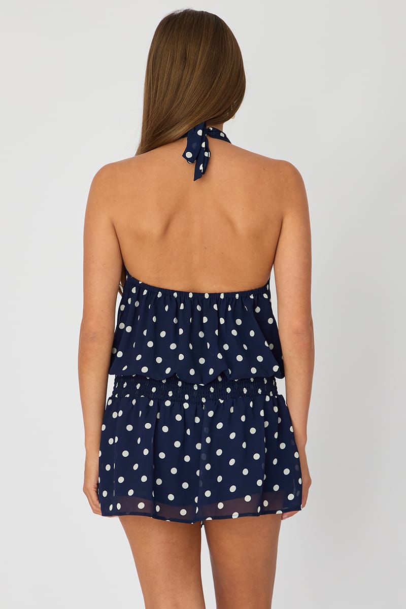 Blue Polka Dot High Neck Dress Mini Chiffon for Ally Fashion