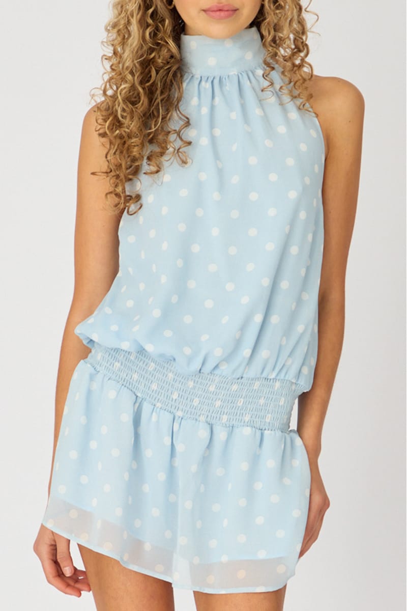 Ally Fashion blue and white polka dot high neck chiffon mini dress