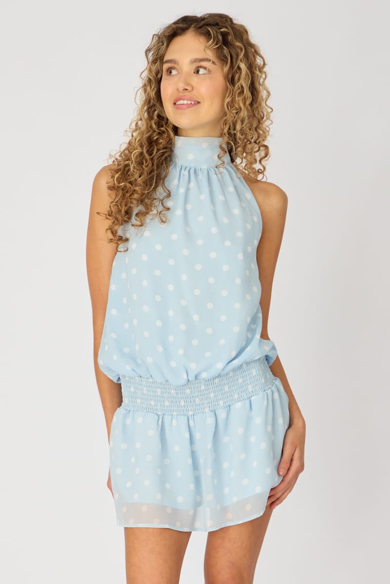 Blue Polka Dot High Neck Dress Mini Chiffon for Ally Fashion