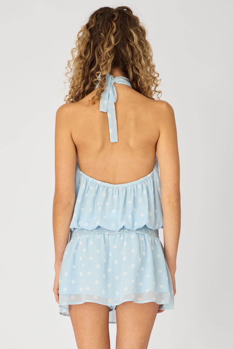 Blue Polka Dot High Neck Dress Mini Chiffon for Ally Fashion