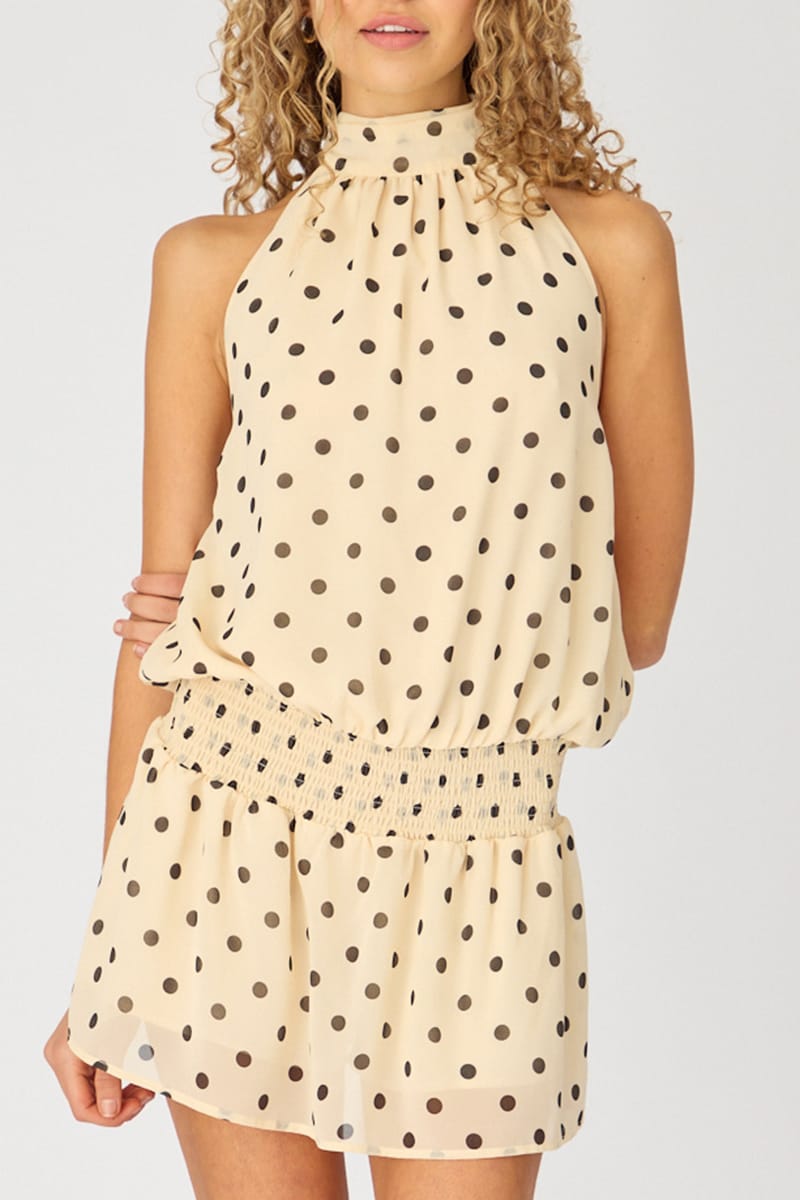 Ally Fashion beige polka dot high neck chiffon mini dress