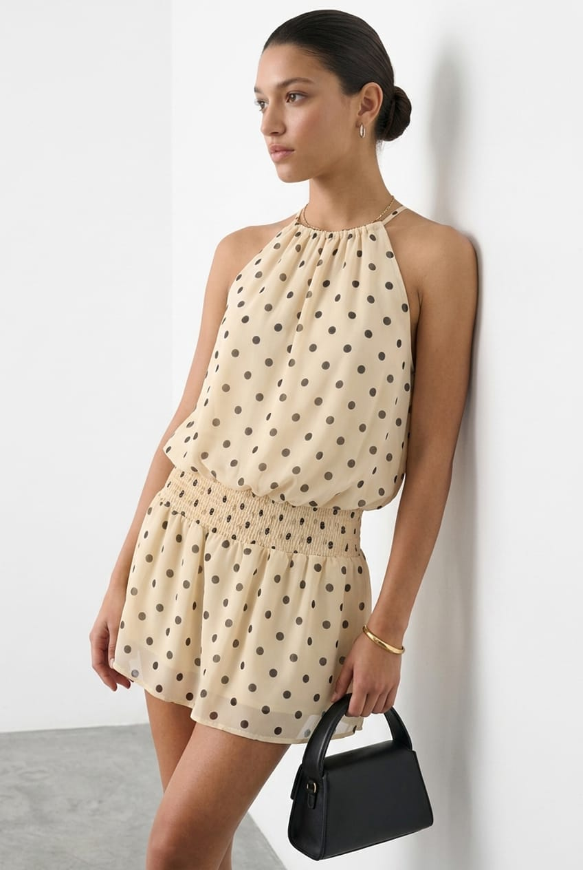 Beige Polka Dot High Neck Dress Mini Chiffon for Ally Fashion