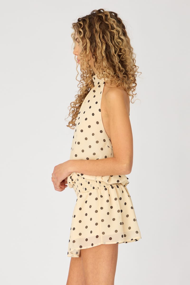 Beige Polka Dot High Neck Dress Mini Chiffon for Ally Fashion