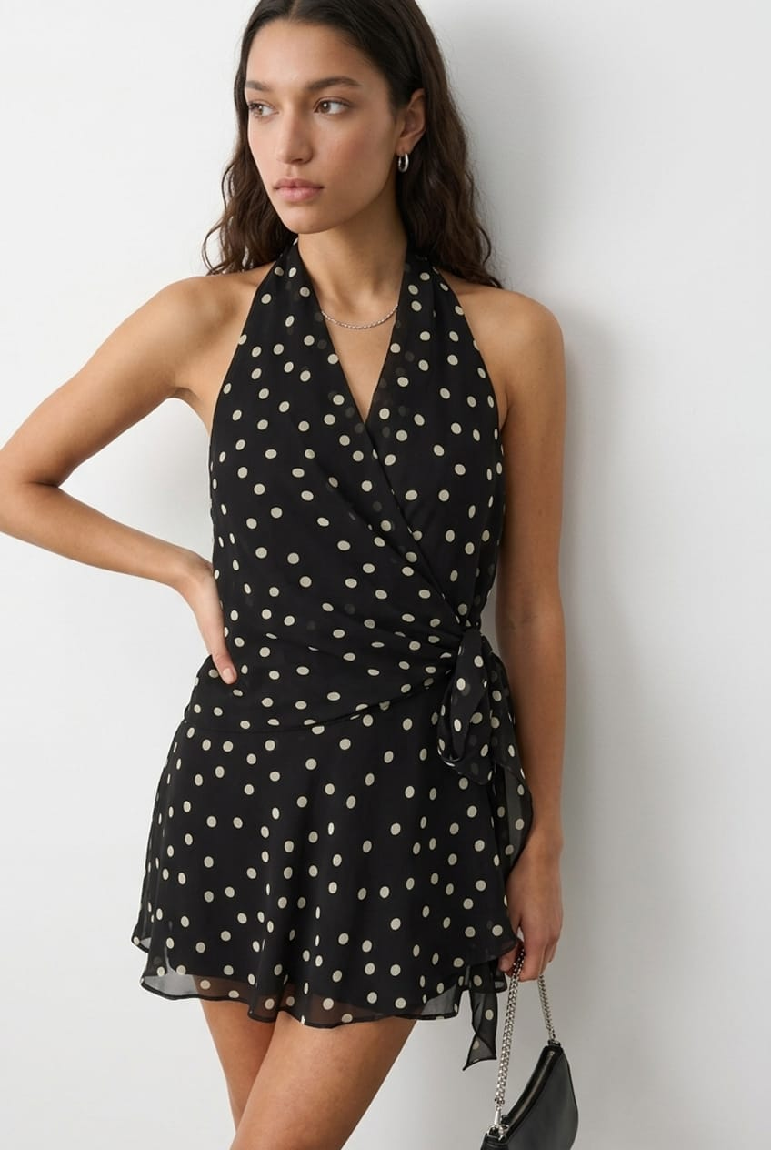 Black Polka Dot Wrap Dress Halter Neck Mini for Ally Fashion