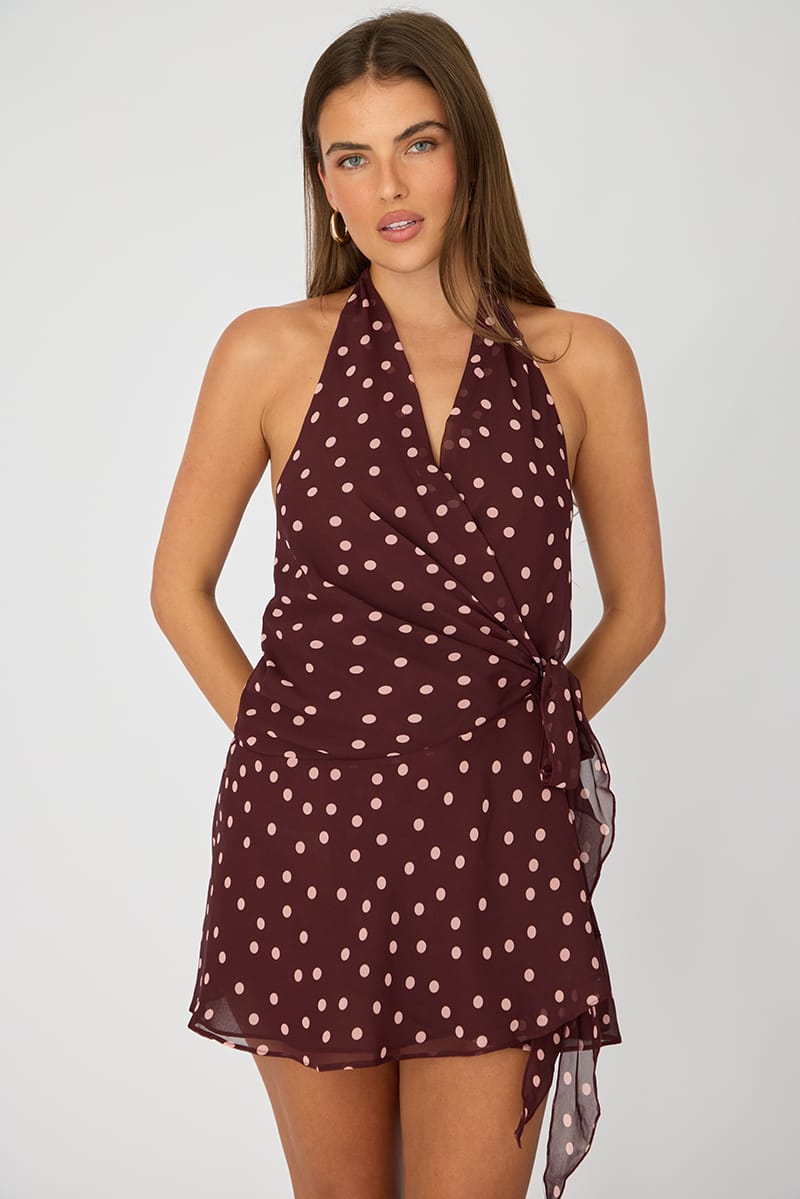 Red Polka Dot Wrap Dress Halter Neck Mini for Ally Fashion