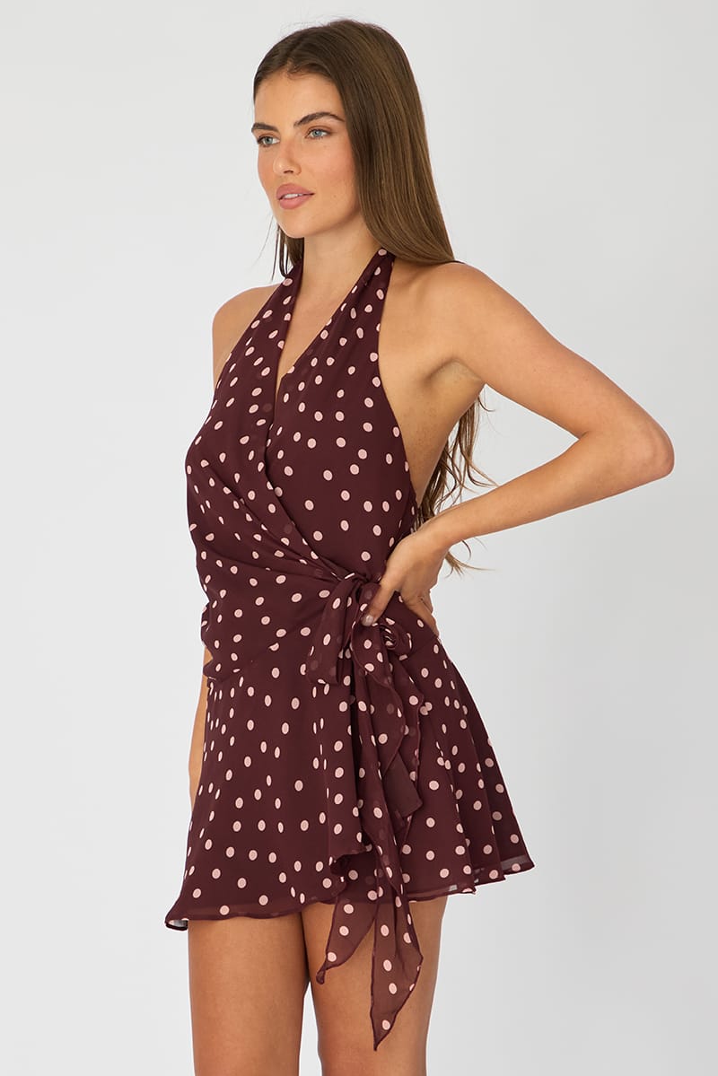 Red Polka Dot Wrap Dress Halter Neck Mini for Ally Fashion