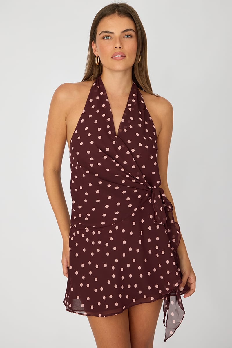 Red Polka Dot Wrap Dress Halter Neck Mini for Ally Fashion