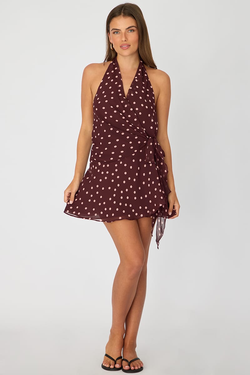 Red Polka Dot Wrap Dress Halter Neck Mini for Ally Fashion