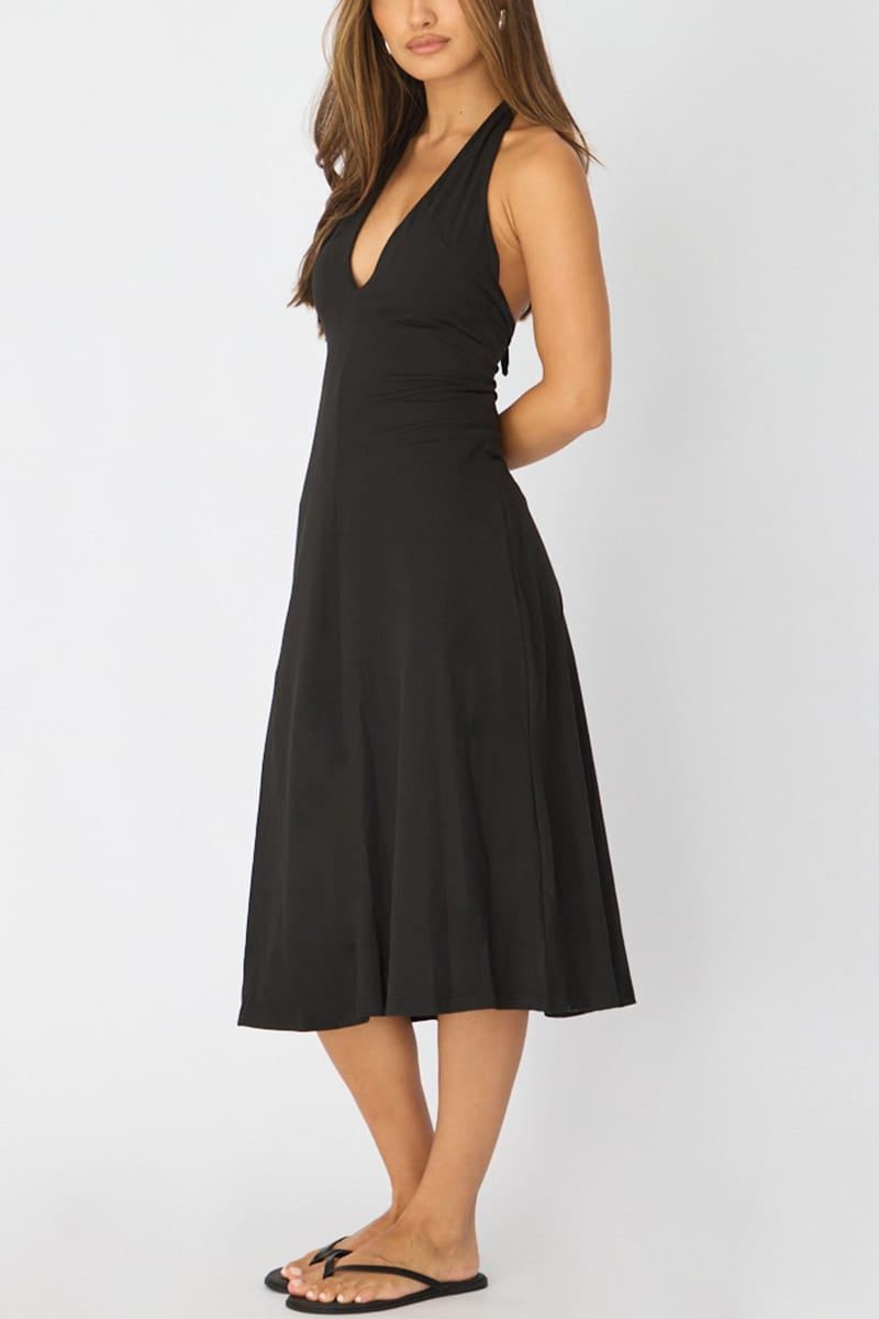 Black Midi Dress Deep V-neck for Ally Fashion