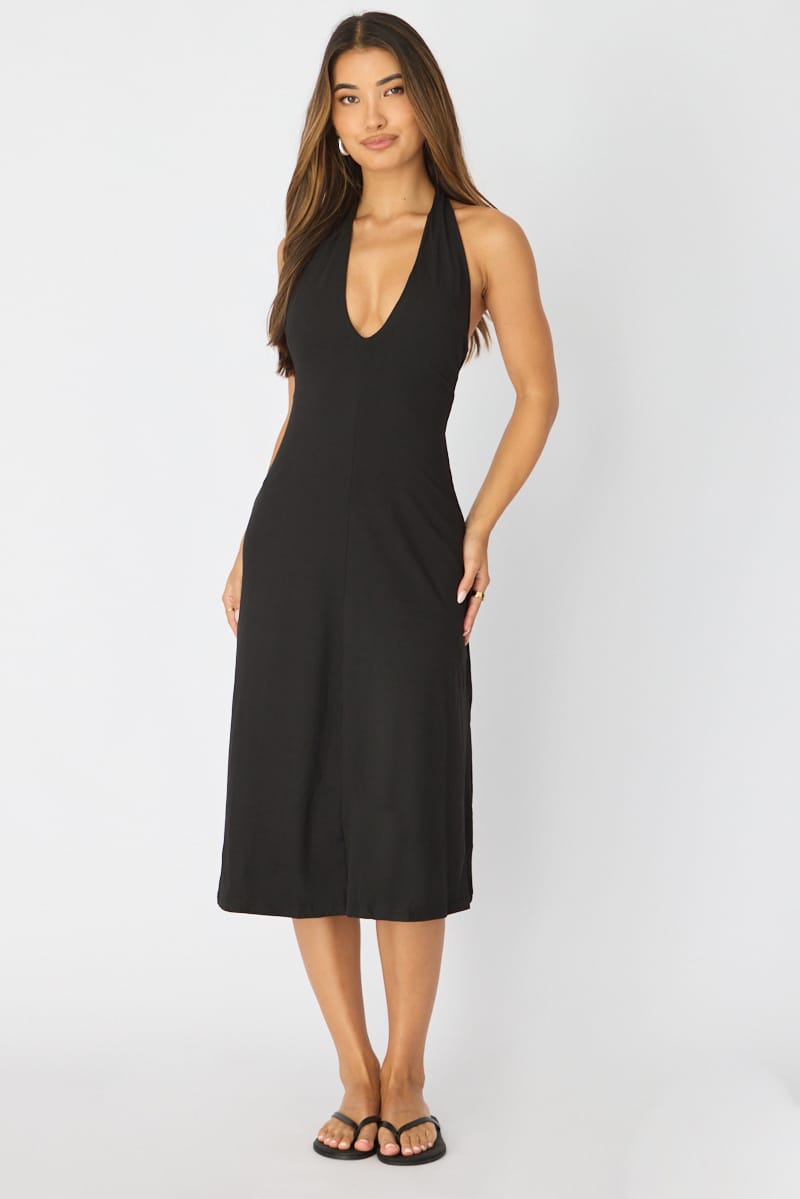Black Midi Dress Deep V-neck for Ally Fashion