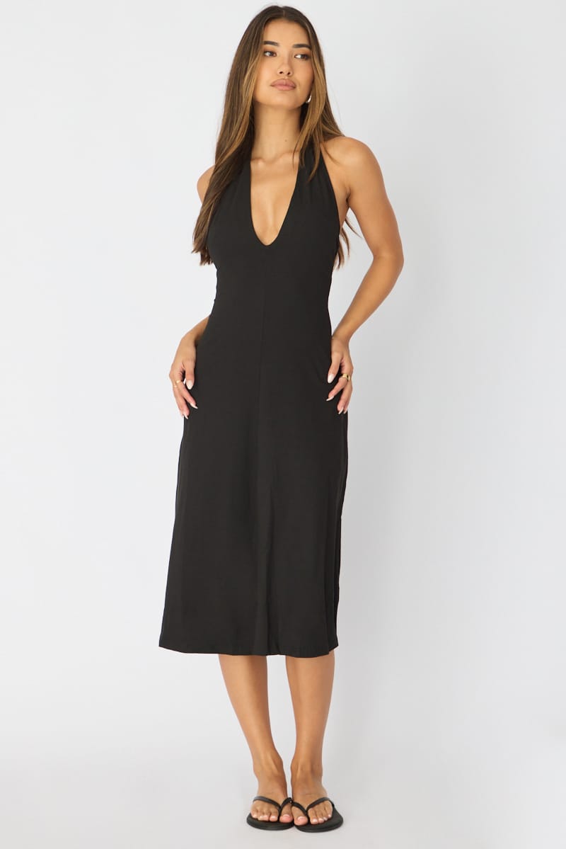 Black Midi Dress Deep V-neck for Ally Fashion