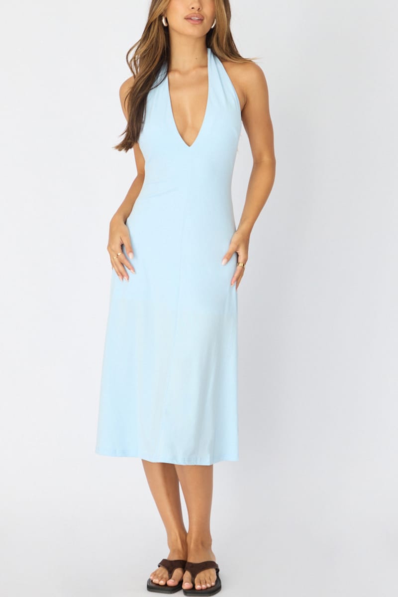 Blue Midi Dress Deep V-neck for Ally Fashion