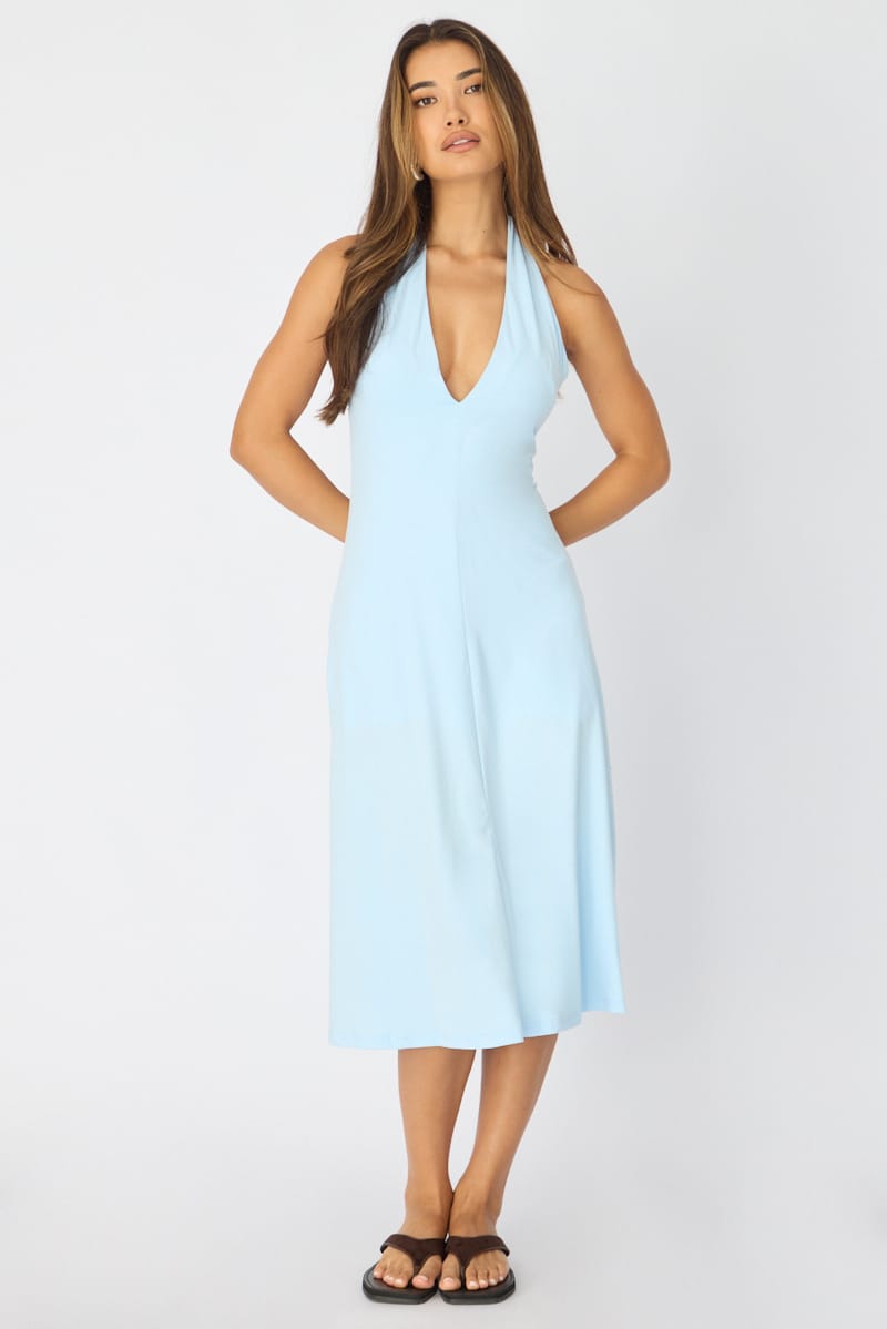 Blue Midi Dress Deep V-neck for Ally Fashion