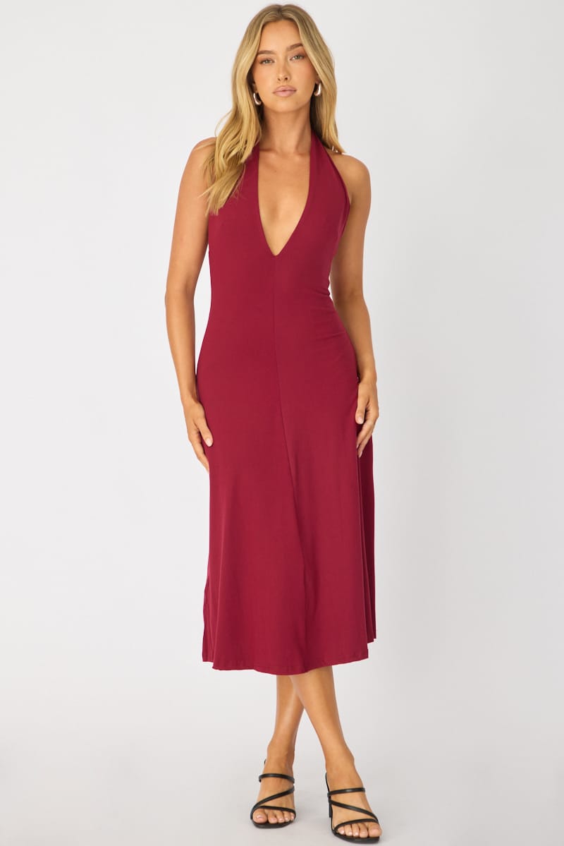 Red Midi Dress Deep V-neck for Ally Fashion