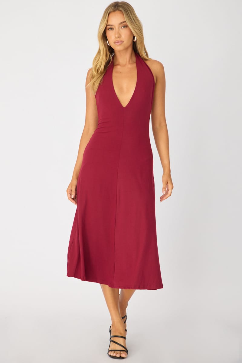 Red Midi Dress Deep V-neck for Ally Fashion