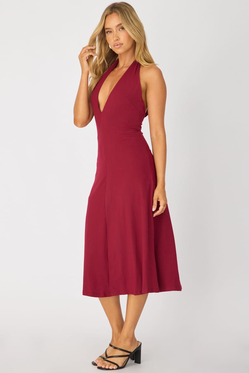 Red Midi Dress Deep V-neck for Ally Fashion