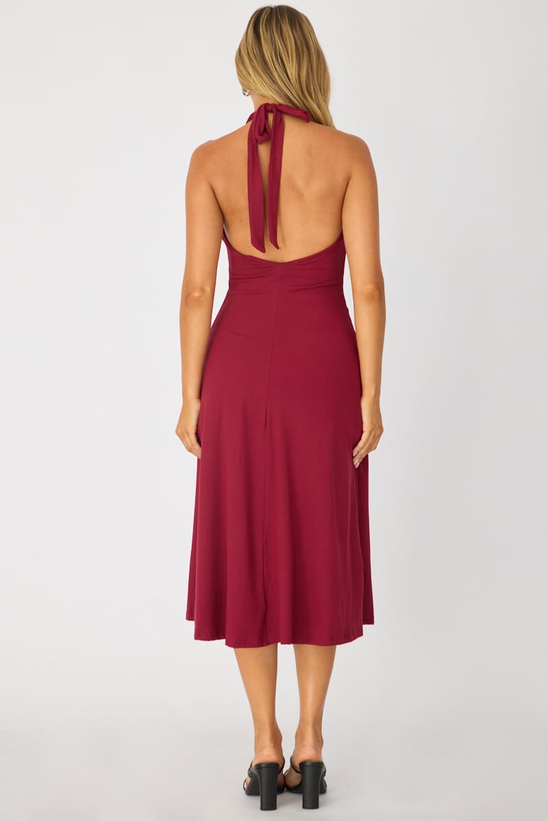 Red Midi Dress Deep V-neck for Ally Fashion