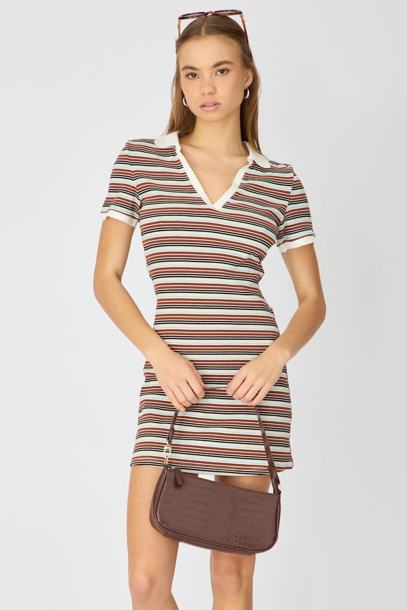 Multi Stripe Contrast Collar Short Sleeve Mini Dress for Ally Fashion