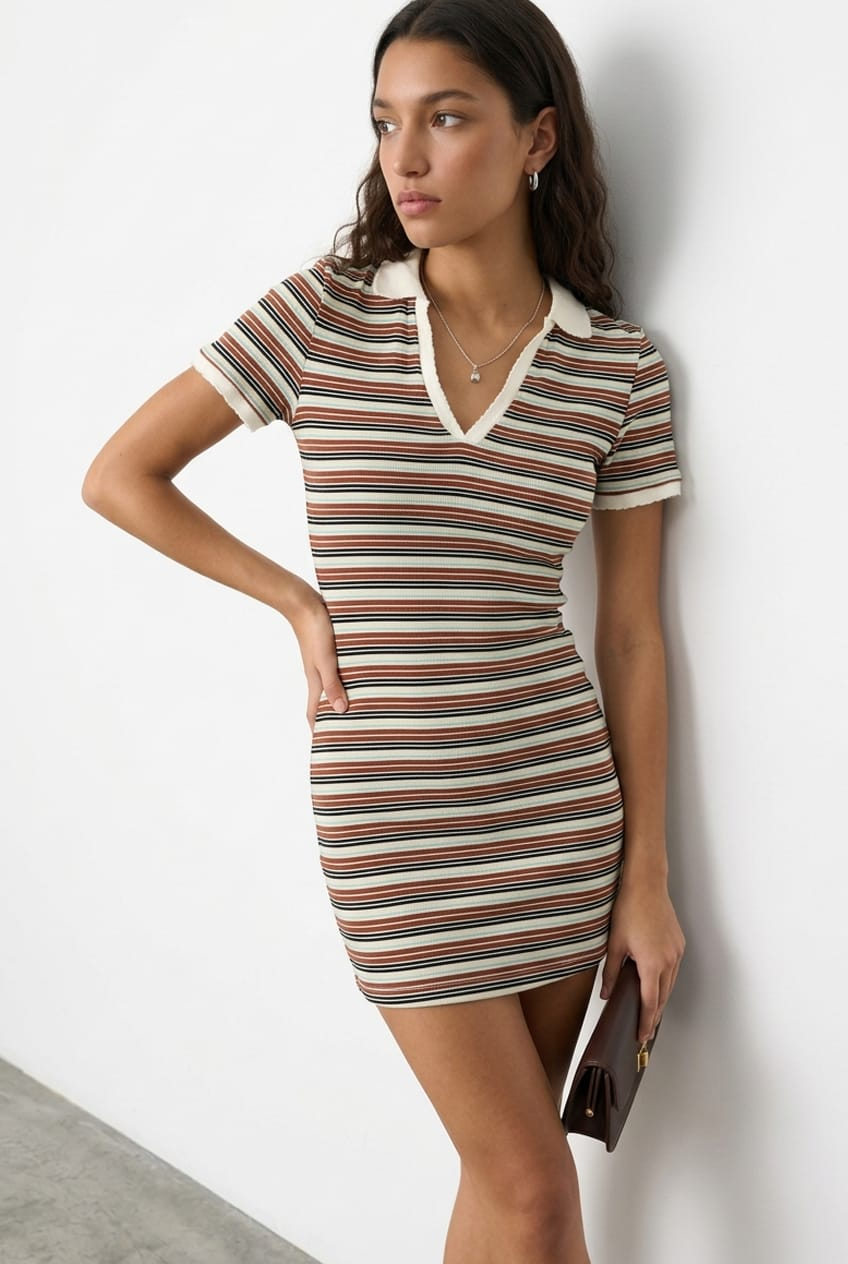 Multi Stripe Contrast Collar Short Sleeve Mini Dress for Ally Fashion
