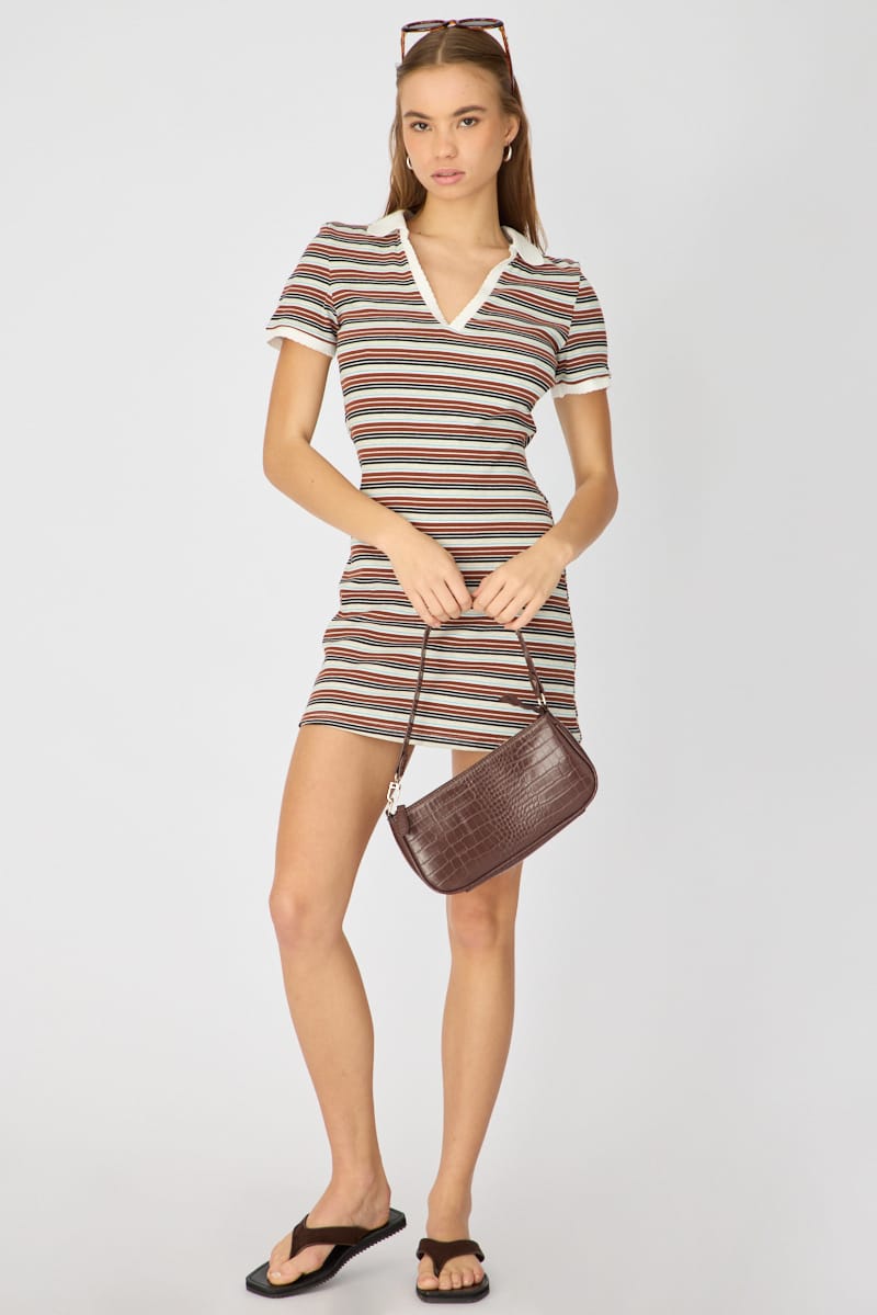 Multi Stripe Contrast Collar Short Sleeve Mini Dress for Ally Fashion