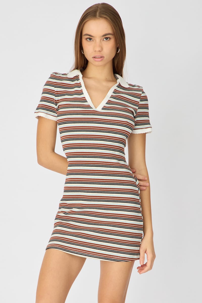 Multi Stripe Contrast Collar Short Sleeve Mini Dress for Ally Fashion