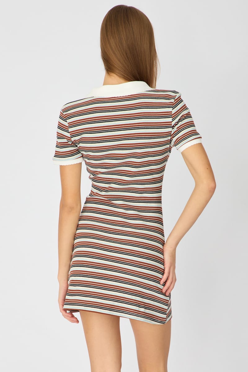Multi Stripe Contrast Collar Short Sleeve Mini Dress for Ally Fashion