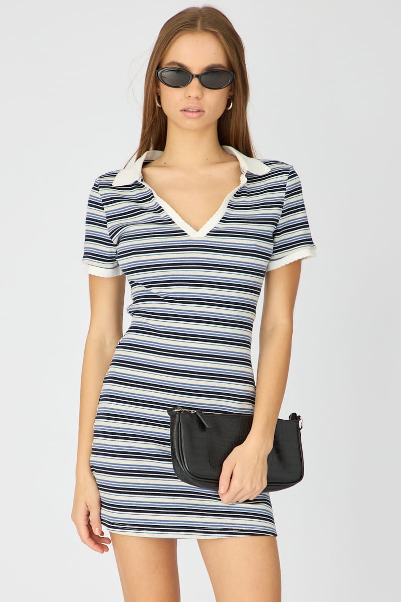 Blue Stripe Contrast Collar Short Sleeve Mini Dress for Ally Fashion