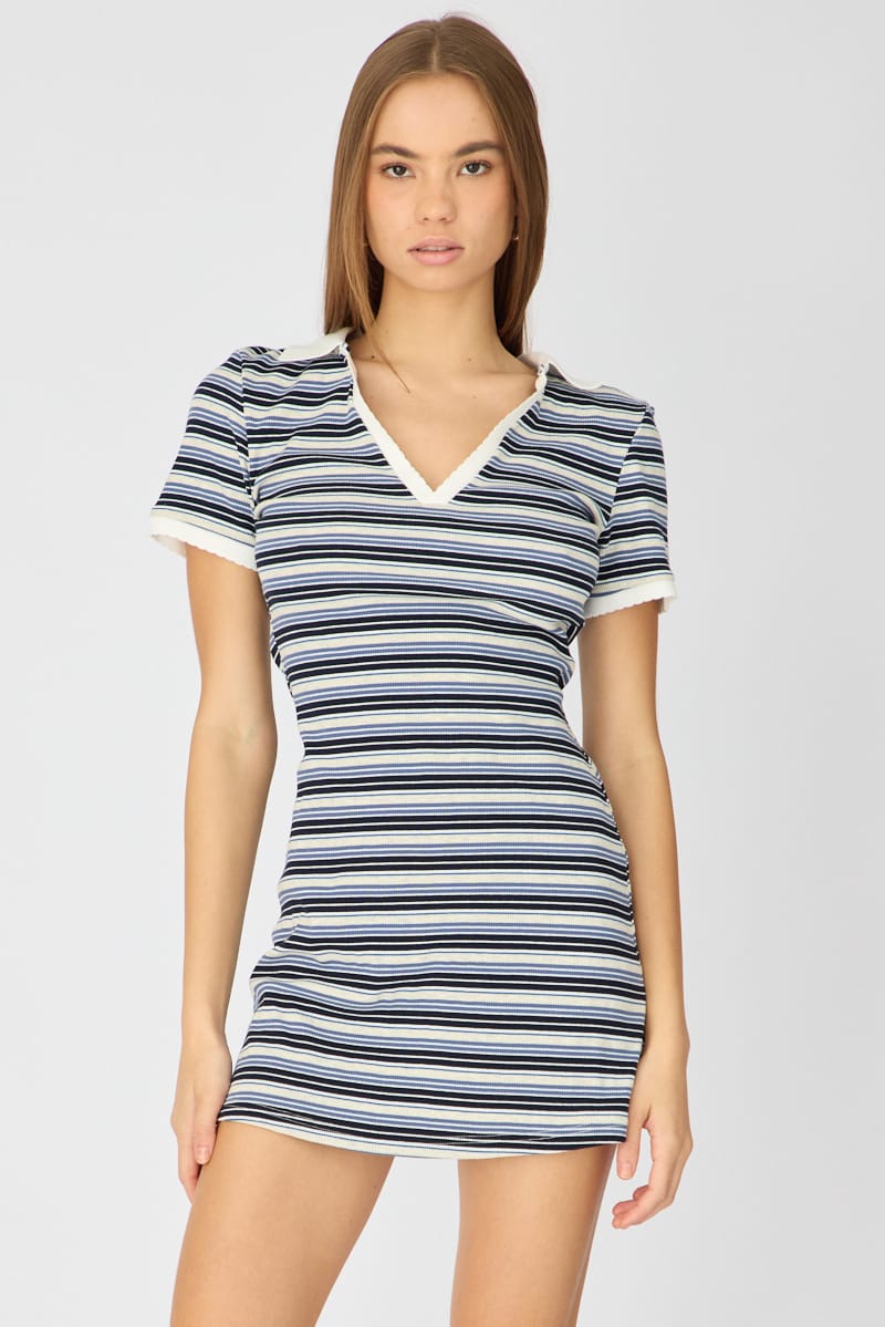 Blue Stripe Contrast Collar Short Sleeve Mini Dress for Ally Fashion