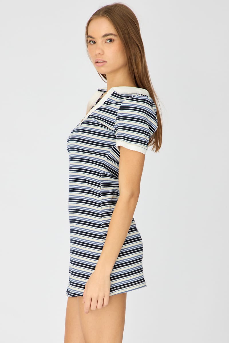Blue Stripe Contrast Collar Short Sleeve Mini Dress for Ally Fashion