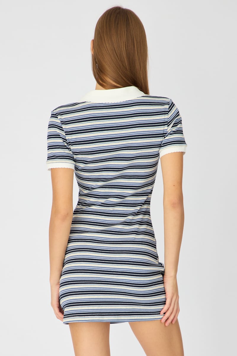 Blue Stripe Contrast Collar Short Sleeve Mini Dress for Ally Fashion